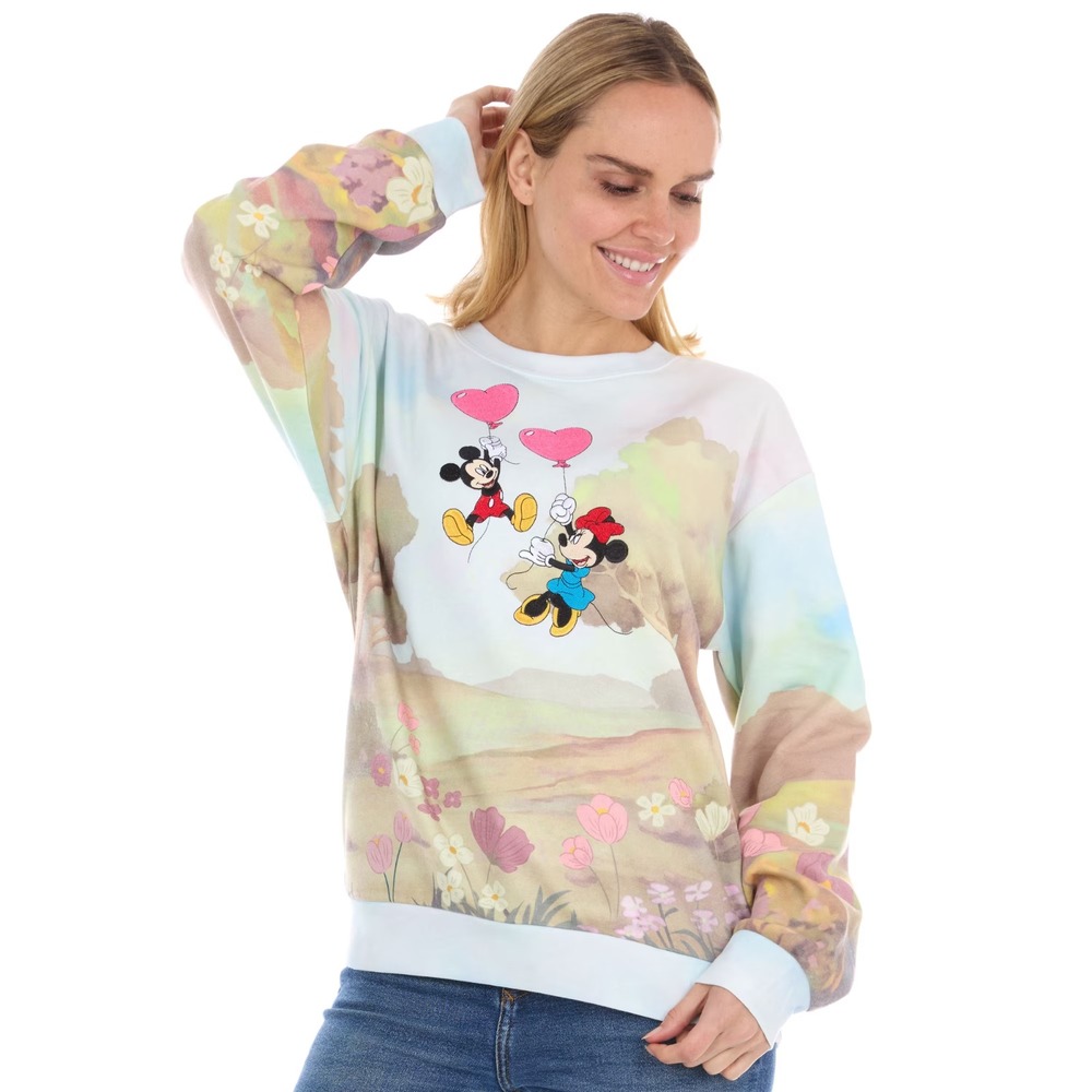 Disney Mickey Minnie Mouse Scenic Embroidered Fleece Sweatshirt NWT L